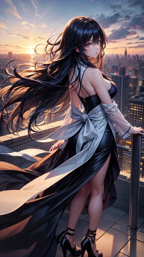 “A dynamic, high-resolution aerial view from the rooftop of a skyscraper. A beautiful long-haired girl with black hair stands with her back to the viewer, her floating hair catching the wind. She gazes down at the city below. The scene includes the vast sk...