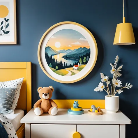 a photo inside of childrens room, a picture in a round frame on a nightstand