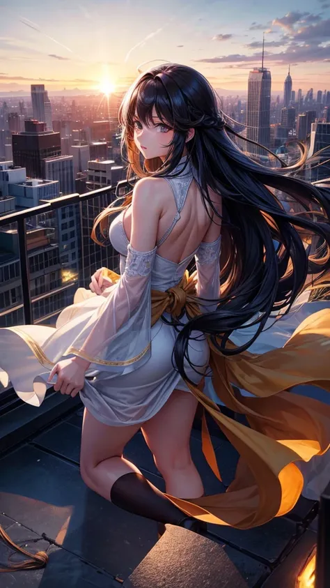 “A dynamic, high-resolution aerial view from the rooftop of a skyscraper. A beautiful long-haired girl with black hair stands with her back to the viewer, her floating hair catching the wind. She gazes down at the city below. The scene includes the vast sk...