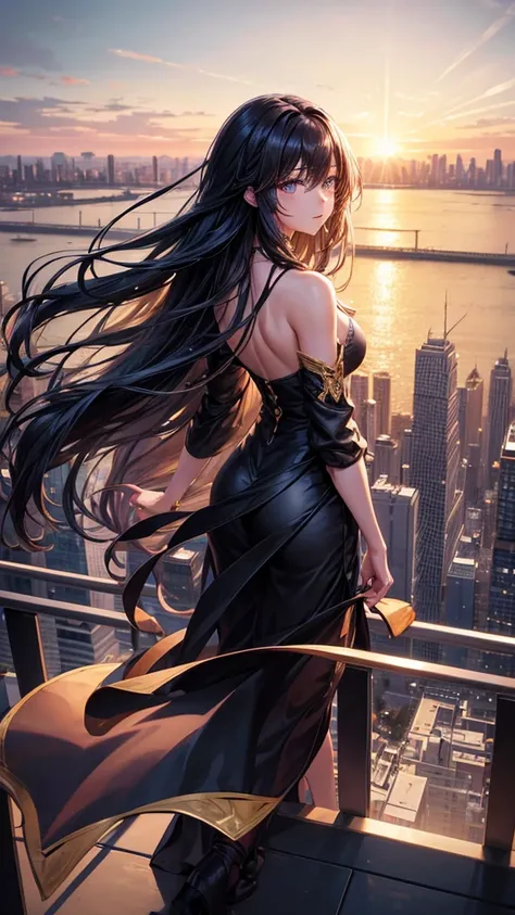 “A dynamic, high-resolution aerial view from the rooftop of a skyscraper. A beautiful long-haired girl with black hair stands with her back to the viewer, her floating hair catching the wind. She gazes down at the city below. The scene includes the vast sk...