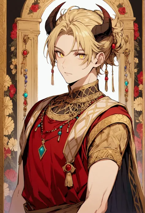 male,A hairstyle that represents two horns,blonde,Yellow Eyes,Roman clothing,Has lots of decorations,