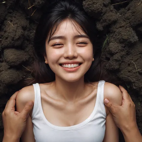 a young korean women, cry, face facing upwards. wear a white tanktop, Sweating. captured from above high angle. lying in a pile of Among the lush grass, a hands holding her shoulders. slightly chubby. cheerfully