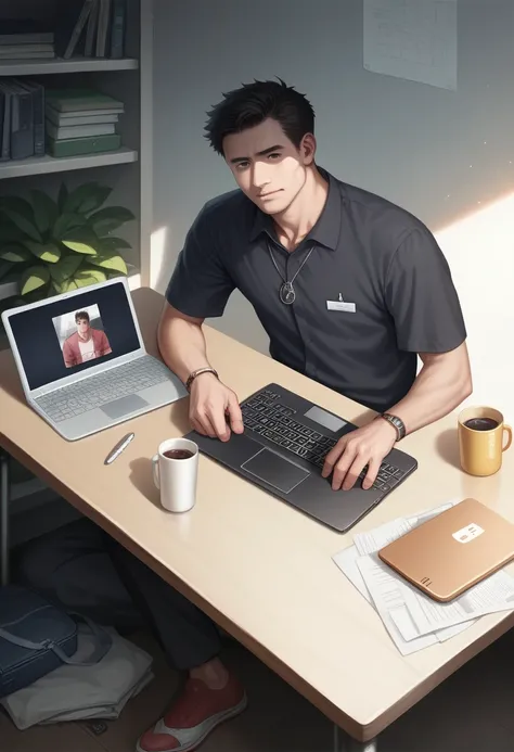 a man sitting at a table working on a laptop, wearing casual clothes, focused expression, laptop on desk, working on computer, office setting, Tokyo, Japan, Sony Alpha 9 camera, Sigma 20mm f1.2 lens, realistic, photorealistic, cinematic lighting, detailed ...