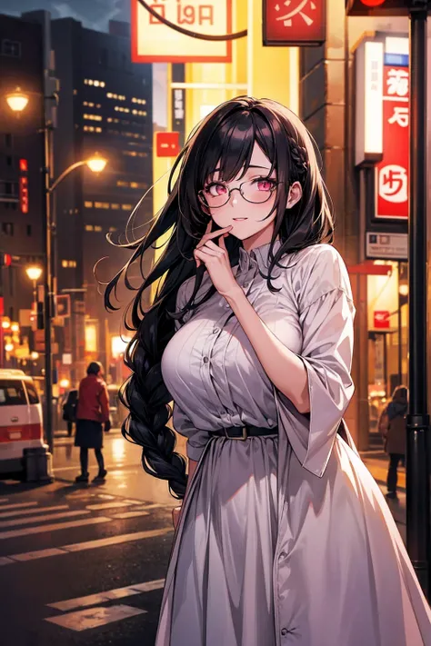 (best quality, Masterpiece), 1 girl, The sun shines, In the building, black hair, Beautiful long hair, double braid, pink eyes, glasses, cute, Bright face, Good mood, Huge breasts, shyุ 18 ปี, Fashionable clothes for a beautiful date, shy, 1 woman, young g...