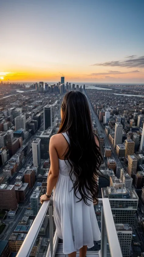 “A dynamic, high-resolution aerial view from the rooftop of a skyscraper. A beautiful long-haired girl with black hair stands with her back to the viewer, her floating hair catching the wind. She gazes down at the city below. The scene includes the vast sk...