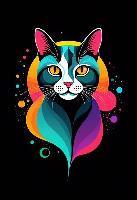 A small cat in a colorful logo, Minimalist cute kitten head vector art logo illustration, 正面, magical, Sharp design, soft, Monochromatic color, Dark magical colorful splash paint, t shirt design, Studio Ghibli style, o design deve ser arte vetorial . Usand...