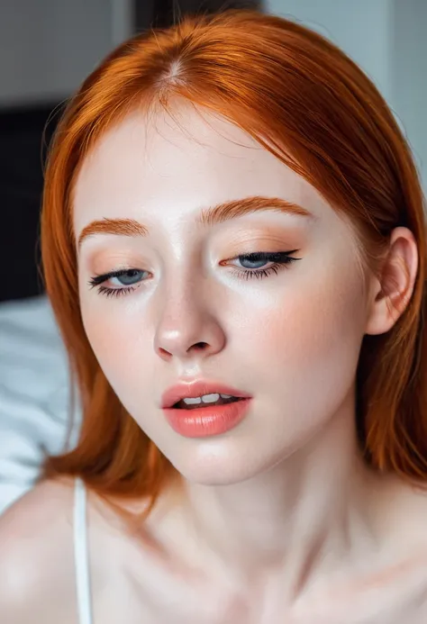 Photo of a ginger Russian girl on her knees looking up at the camera, pov, eye liner, bedroom, mouth open, eyes closed, (a little white thick liquid on the face: 1.5), DV_Chen_Vicious, cum on face