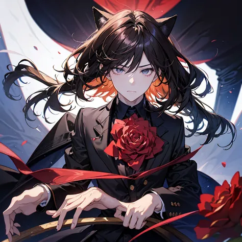 Create a close-up profile picture of an anime boy with cat ears. He should have brown hair and be dressed in a black shirt, a black blazer, and a red tie. The background should be filled with red roses.