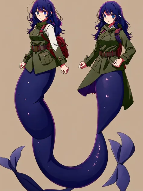 (mermaid:1.0),


full body, masterpiece, best quality, 1girl, ,looking at viewer, tall, solo,military,tactical coat,belt,backpack,saddle bag, fins, midriff