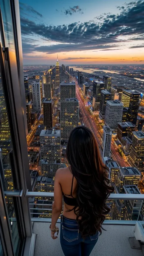 “A dynamic, high-resolution aerial view from the rooftop of a skyscraper. A beautiful long-haired girl with black hair stands with her back to the viewer, her floating hair catching the wind. She gazes down at the city below. The scene includes the vast sk...