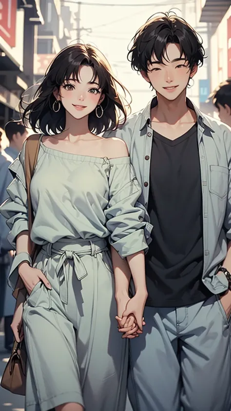 Mature couple,shoulder to shoulder,Holding hands,smile,幸せなsmile,Casual shirts,very happy, (masterpiece、Highest quality)、Best details,Blurred background
