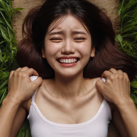 a young korean women, cry, face facing upwards. wear a white tanktop, Sweating. captured from above high angle. lying in a pile of Among the lush grass, a hands holding her shoulders. slightly chubby. cheerfully