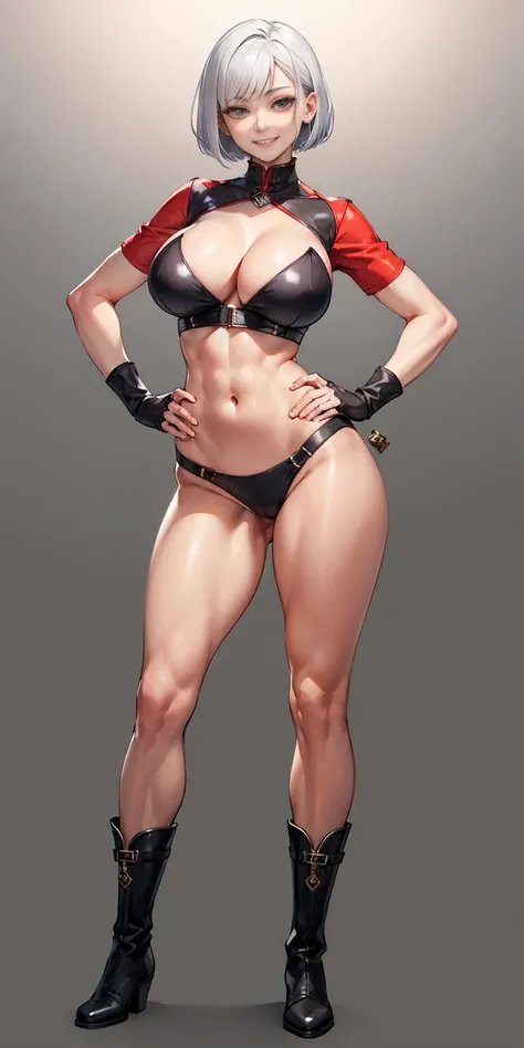 (Plain background:1.2) 1solowoman full body toe to head, short bob white hair, feet together, high boots, big breast big knockers, hands on hips, toned body with six pack abdominal well defined, belly navel, lustful smirking smile face