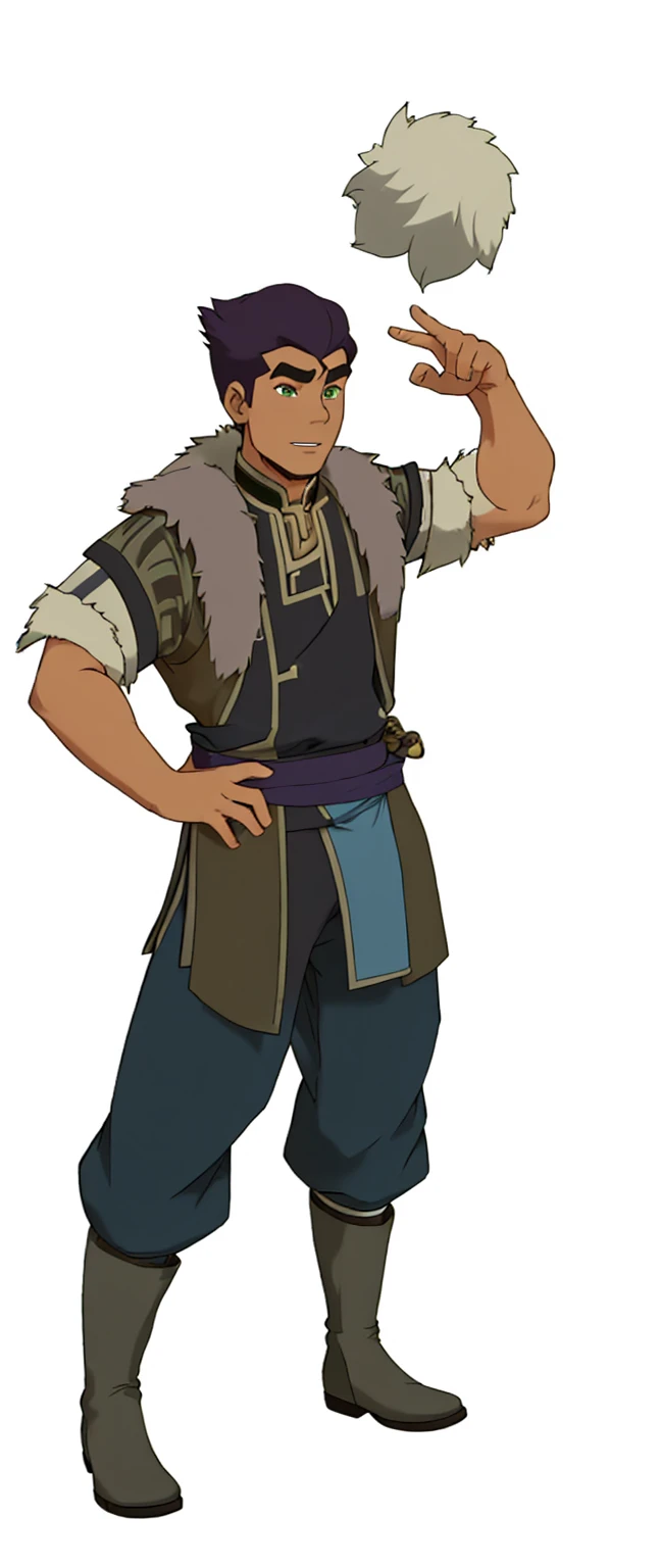 African-American, Bolin, water tribe traditional clothing mixed of blue and purple, with fur in shoulders and neck. Long sleeve, skinny, water tribe outfit. The character is wearing a blue, short-sleeved tunic with gold trim and fastenings down the front a...