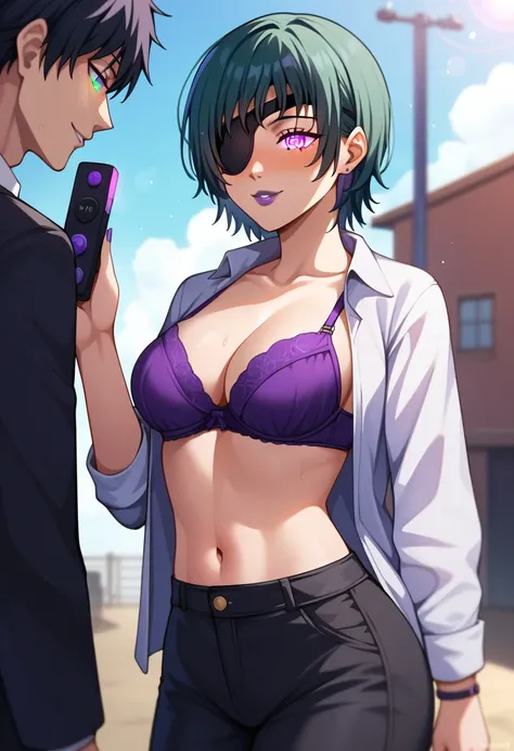 himeno, himeno(Chainsaw Man), 1girl 1boy, mature female, mature, Adult, black hair, short hair, eyepatch, purple bra, NeonHypnoPMV Style, purple eyes, glowing eyes, hypnotized, mind control, (remote control vibrator), onlyfans, battlestation, brainwashed, ...