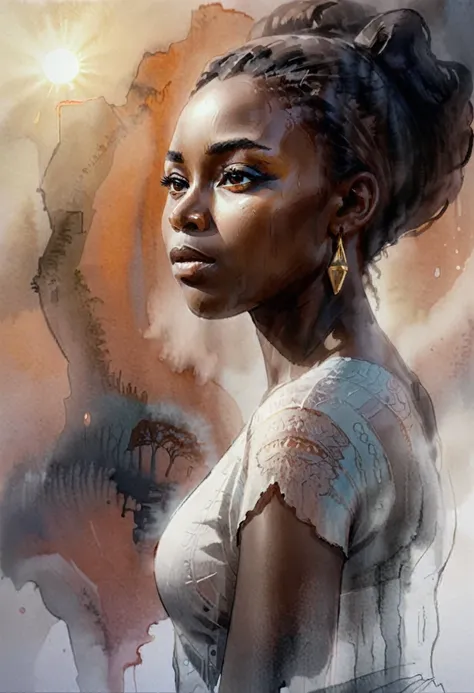 high quality illustration,ultra detailed, beautiful picture of a painting of a girl african beauty, fog, cinematic shot, haze li...