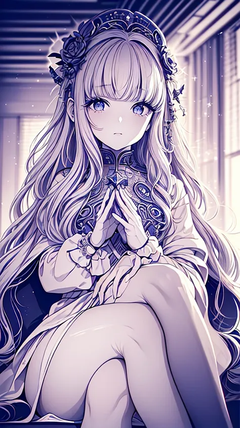 ((best quality)), ((masterpiece)), (detailed), une fille, visage parfait, Longhaire, ((golden hair)), curly hair, decorated cheveux, ultramarine blue eyes,   ((((Bellissima, alta definizione, ultra alta risoluzione)))), 1girl, sitting, (long, wavy silver h...