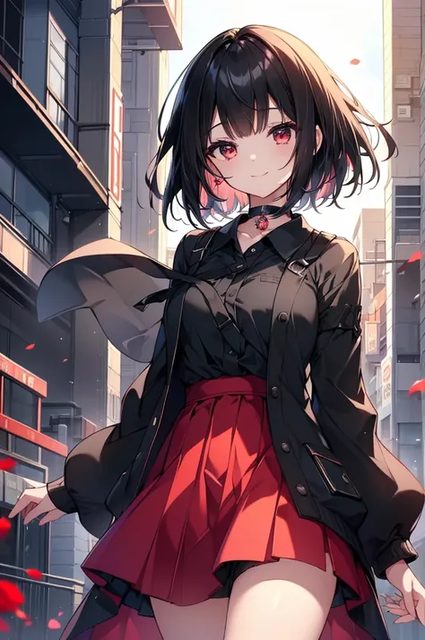 (masterpiece, highest quality, highest quality, (No text), Beautiful and aesthetic:1.2),No text,アニメ、BREAK,One Girl，Black Hair Girl　short hair　older sister　choker　Tree Eyes　Beautiful eyes　Red eyes　cool　smile　Red and Black　Black jacket　mini skirt　whole body　...