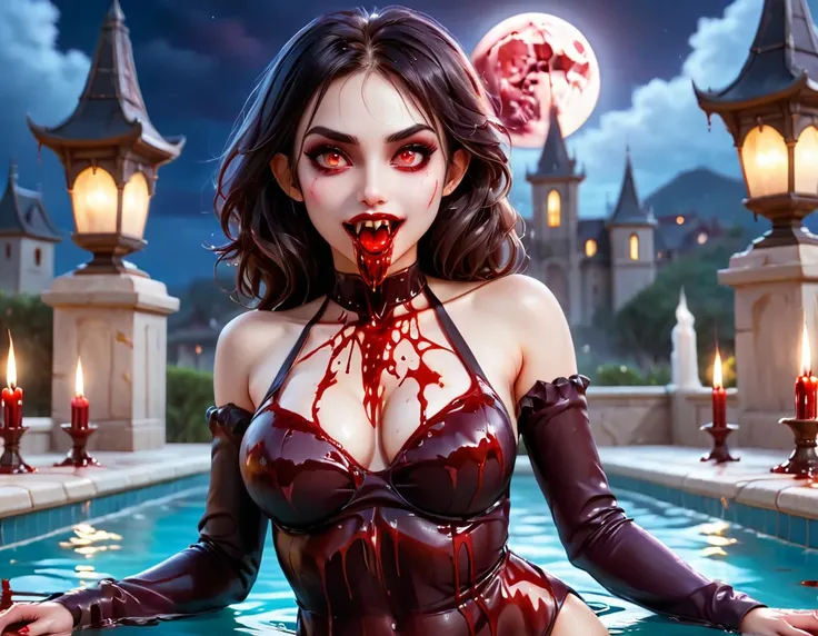 a picture of a female vampire in an infinity pool of blood watching the city at night, (Masterpiece, intense details: 1.5 ), exquisite, dreadful beautiful vampire, long black hair, intense green eyes, evil smile, fangs, busty sitting near a large infinity ...