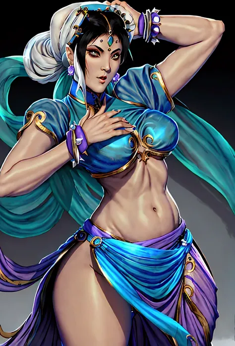 Chunli with blue turban headdress，She is wearing a belly dance skirt, a green belly dance skirt, and a purple veil that covers her entire face.