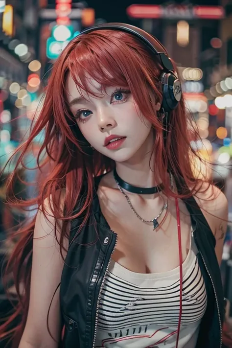 Sleeveless、tattoo、真っred、本当にredい、red、red-haired、corruption、red hairs、Headphones、🎧、Goth_punk, One Girl, alone, Medium Shot, Stroll around Harajuku, ((At night)), Bokeh Depth of Field, Neon Light, 虹のeye, Starry Sky, red glowing hair, Black eyebrows, Radiant h...