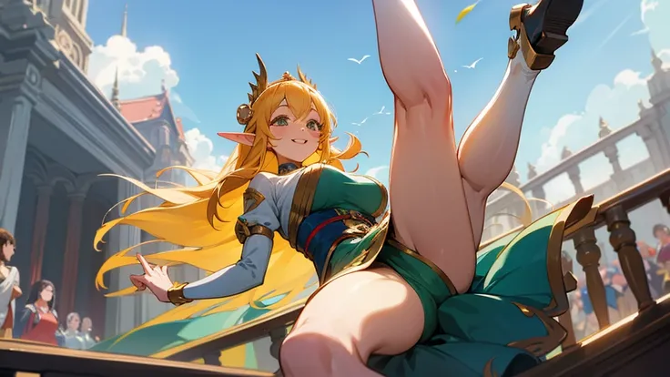 Thick thighs,Anime Style,A detailed background with many people,Magical World,A lively balcony with many people,Smiling bard beautiful elf girl,Upside down,Large Breasts