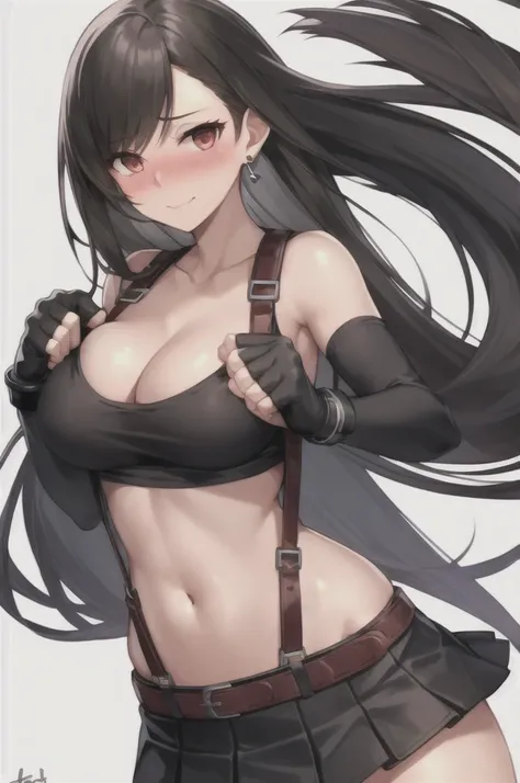 tifa lockhart, final fantasy vii, 1girl, bangs, bare shoulders, belt, black belt, black gloves, black hair, black skirt, breasts, cleavage, clenched hands, closed mouth, collarbone, cowboy shot, crop top, earrings, elbow gloves, fingerless gloves, floating...