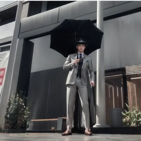 realistic, there is a man in a suit and tie holding an umbrella, detective clothes, ferred - themed robes and hat, realistic