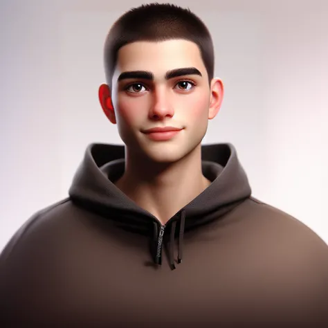 A young man with short, buzz-cut dark brown hair, round face, expressive dark brown eyes, thick and well-defined eyebrows, small to medium slightly rounded nose, full lips with a friendly and warm smile, medium and rounded ears slightly sticking out, weari...