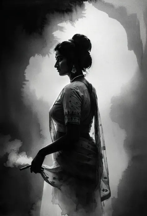 High Quality illustration,ultra detailed, Beautiful picture of A painting of a indian beauty, Silhouette, Fog, cinematic shot, haze lighting, 16k, uhd, blurry masterpiece,cinematic, epic, monochrome, ink