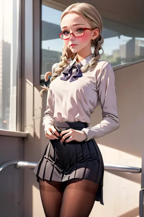 masterpiece, best quality), 1girl, tomi, tomi, serafuku, pleated skirt, under-rim eyewear, white pantyhose