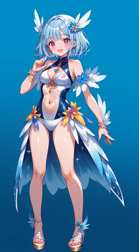 score_9, score_8_up, score_7_up, source_anime,masterpiece, best quality, high resolution, extremely detailed CG, absurdres, highres, 1girl, a girl in a swimsuit, navel, cleavage, posing at the beach, (((light blue hair))), golden_decorations, feathers on s...