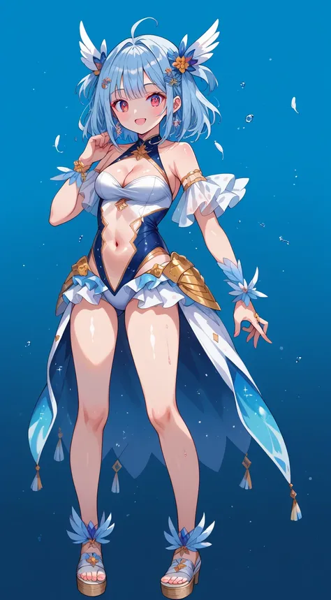 score_9, score_8_up, score_7_up, source_anime,masterpiece, best quality, high resolution, extremely detailed CG, absurdres, highres, 1girl, a girl in a swimsuit, navel, cleavage, posing at the beach, (((light blue hair))), golden_decorations, feathers on s...