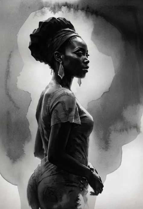 high quality illustration,ultra detailed, beautiful picture of a painting of a african beauty, silhouette, fog, cinematic shot, ...