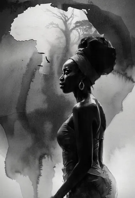 high quality illustration,ultra detailed, beautiful picture of a painting of a african beauty, silhouette, fog, cinematic shot, ...