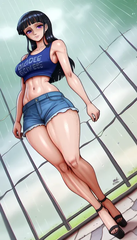 (masterpiece, best quality:1.2), nico robin, lowcut rorn crop-top, purple eyes, 1girl, short shorts, thick thighs, platform high...