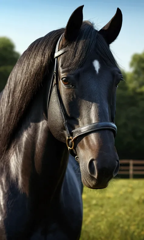 realistic detailed portrait of a black horse, smooth skin, silky hairs, (best quality,8k,highres,masterpiece:1.2),ultra-detailed,extremely detailed,photorealistic,physical based rendering,vivid colors,natural lighting,detailed texture,elegant pose,detailed...