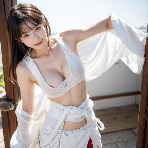 日本people、１people、The most beautiful woman、smile、Shyness、clear、Shiny black hair、Photo Style、length, bangs、light makeup、Standard face、(((Wearing a white Etchu loincloth)))、((Light clothing:0.5))、(She is hiding her breasts by wrapping a cloth around her chest...