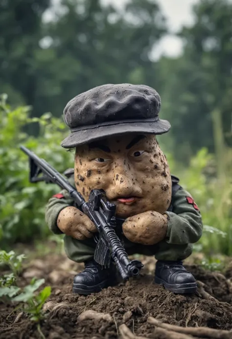 realistic view of potato character in 3d cartoon style, powerful design,  ( potato character :2) (beret) during war、after the ba...