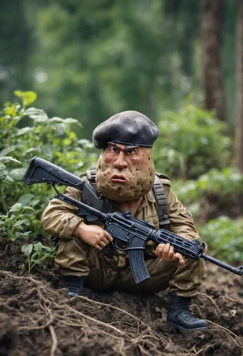 realistic view of Potato character in 3d cartoon style, Powerful design,  ( Potato character :2) (beret) during war、After the battle、Sitting on the roots, tired, Looks like Rambo, He is holding a black assault rifle with a serious expression on his face., ...