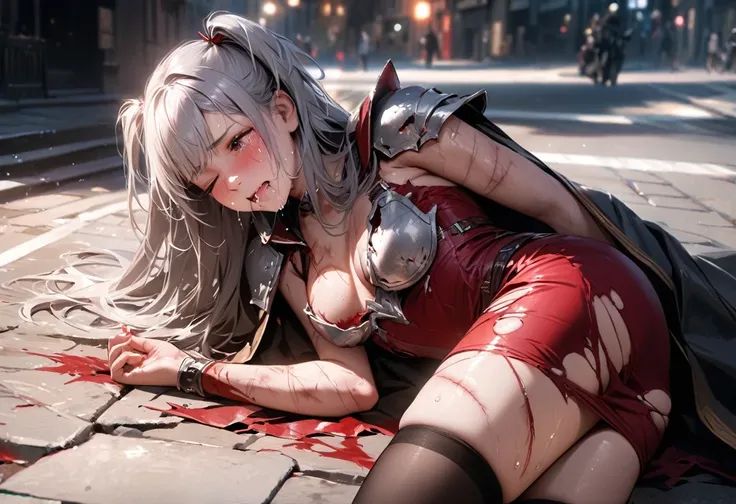 (best quality), (masterpiece, realistic), high res, all detailed, perfect anatomy, (two side up), long hair, silver hair, (red pencil Dress, single shoulders armor and Cape, pencil miniskirt), medium cleavage, black thigh-highs, (injury skin, scar skin, bl...