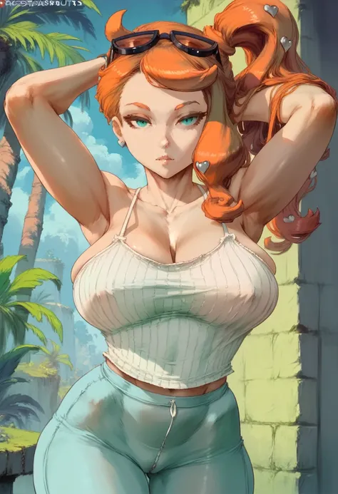 woman with huge breasts, sexy body, Sonia from pokemon, (cutesexyrobutts), ((camisole)), high quality fanart, unparalleled masterpiece, tight pants, arms behind head, ultra realistic 8k CG, perfect artwork, (1girl:1.1), solo, looking at viewer, (teasing), ...