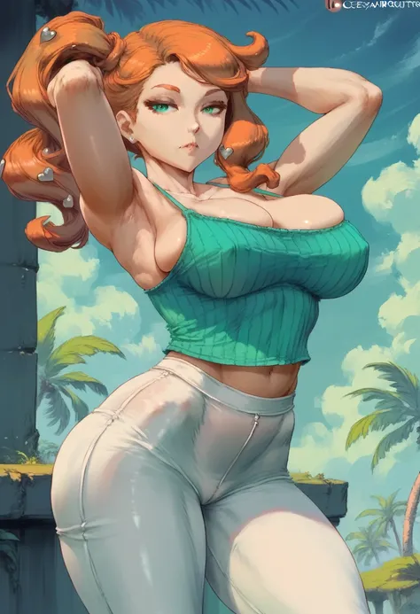 woman with huge breasts, sexy body, Sonia from pokemon, (cutesexyrobutts), ((camisole)), high quality fanart, unparalleled masterpiece, tight pants, arms behind head, ultra realistic 8k CG, perfect artwork, (1girl:1.1), solo, looking at viewer, (teasing), ...