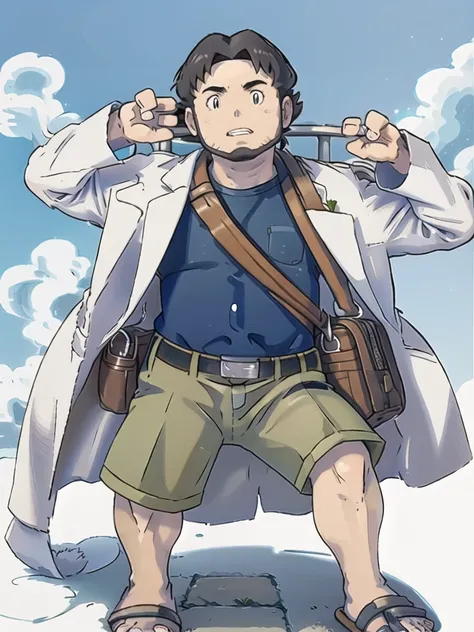 ProfessorBirch, solo, simple background, shirt, long sleeves, 1boy, standing, full body, male focus, parted lips, open clothes, shorts, teeth, belt, bag, black eyes, coat, toes, transparent background, sandals, blue shirt, clenched hand, legs apart, open c...