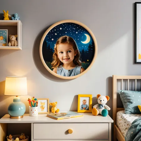 a photo inside of childrens room, a picture in a round frame on a nightstand, radial evening light
