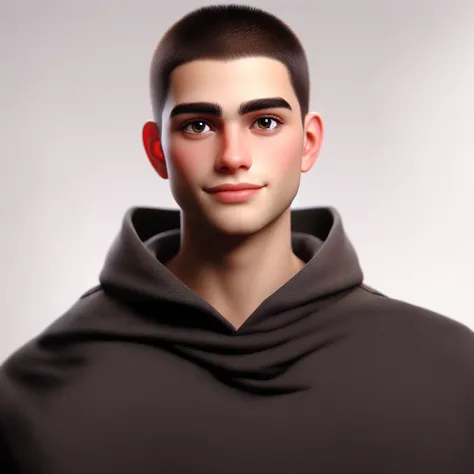 A young man with short, buzz-cut dark brown hair, round face, expressive dark brown eyes, thick and well-defined eyebrows, small to medium slightly rounded nose, full lips with a friendly and warm smile, medium and rounded ears slightly sticking out, weari...