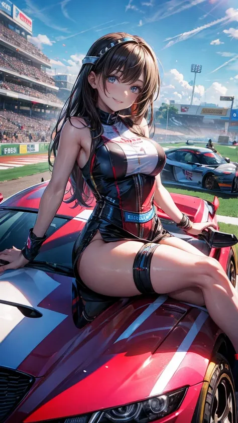 One Woman　Race Queen　Posing for the camera in front of a sports car　High leg　Low - Angle　Cute smile