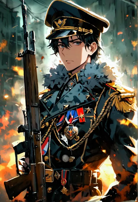 Shark in military uniform with rifle and medal of honor on apocalyptic dark background 