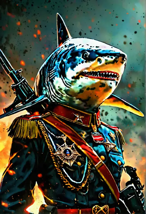 Shark in military uniform with rifle and medal of honor on apocalyptic dark background 