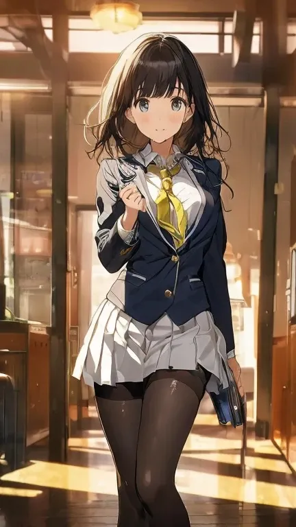 (Browsing Caution:1.8), ((Highest quality, masterpiece, 8K, High resolution, detailed)), ((A photo of a high school girl wearing see-through panties)), ((A high school girl standing with her legs open in black pantyhose)), Blazer uniform, The wind has blow...